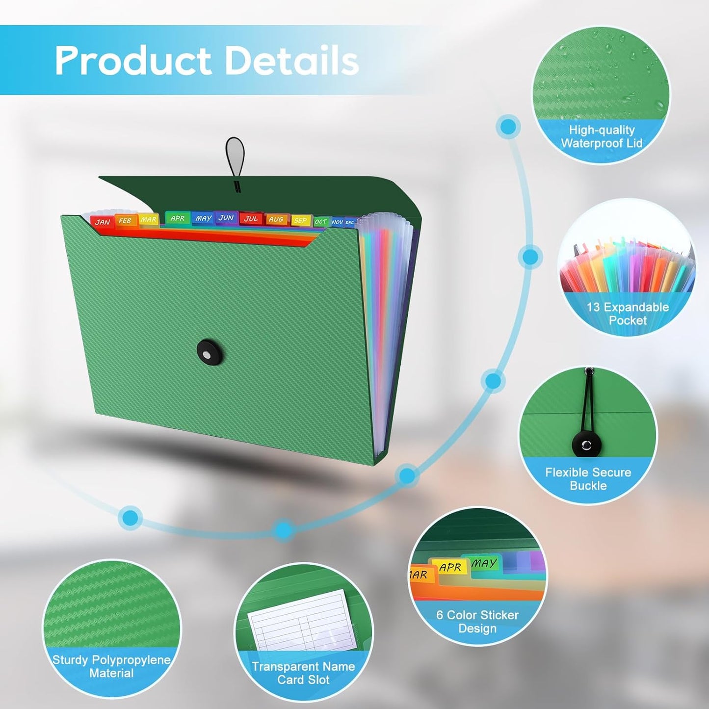 Expanding File Folder, Accordion File Organizer for Sorting Documents and Papers, 13 Pockets File Storage Organizer for Home, Travel and Office Use (Green)