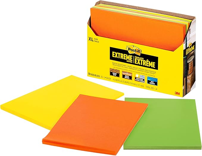 Post-it Extreme XL Notes, Works Outdoors, Works in 0-120 Degrees Fahrenheit, 100X The Holding Power, Orange, Yellow, Green, 25 Sheets per Pad, 9 Pads/Pack (EXT456-9CT)