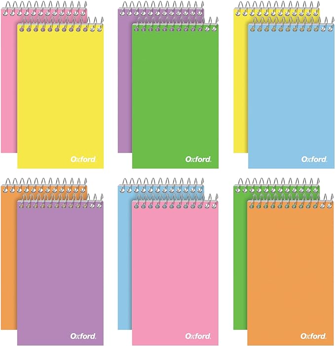 Oxford Spiral Memo Pads, Top Wire Bound, 3 x 5 Inch Pocket Notepad, College Ruled, 6 Assorted Pastel Colors, 75 Sheets, 12 Pack (25093)