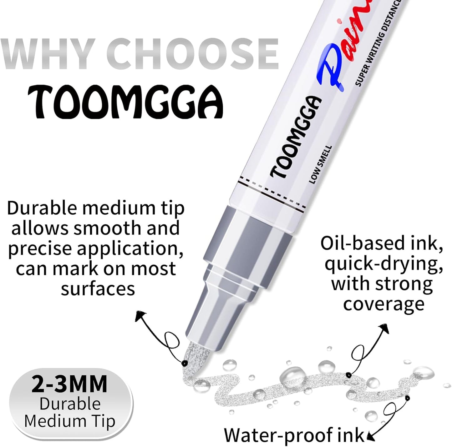 Silver Paint Pens Paint Markers - 12 Pack Permanent Markers Oil Based for Metal Wood, Pens for Metal, Car Tyre, Wood, Plastic, Rock Painting, Glass, Craft Supplies, Waterproof