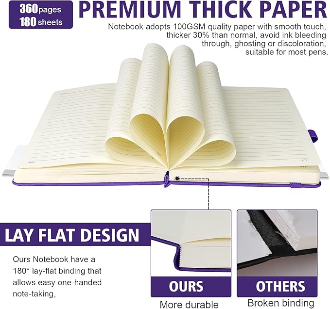 Lined Journal Notebook, 360 Numbered Pages(With page number), Thick Journal for Writing A5 College Ruled Notebook, 100gsm Lined Paper, Leather Hardcover, 5.75'' X 8.38''-1 Pack, Purple