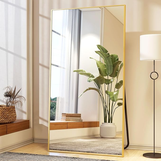 Full Length Mirror with Stand 34"x76" Full Body Mirror Floor Mirror Standing Hanging or Leaning Wall, Wall Mirror with Stand Aluminum Alloy Frame for Living Room Bedroom Cloakroom,Gold