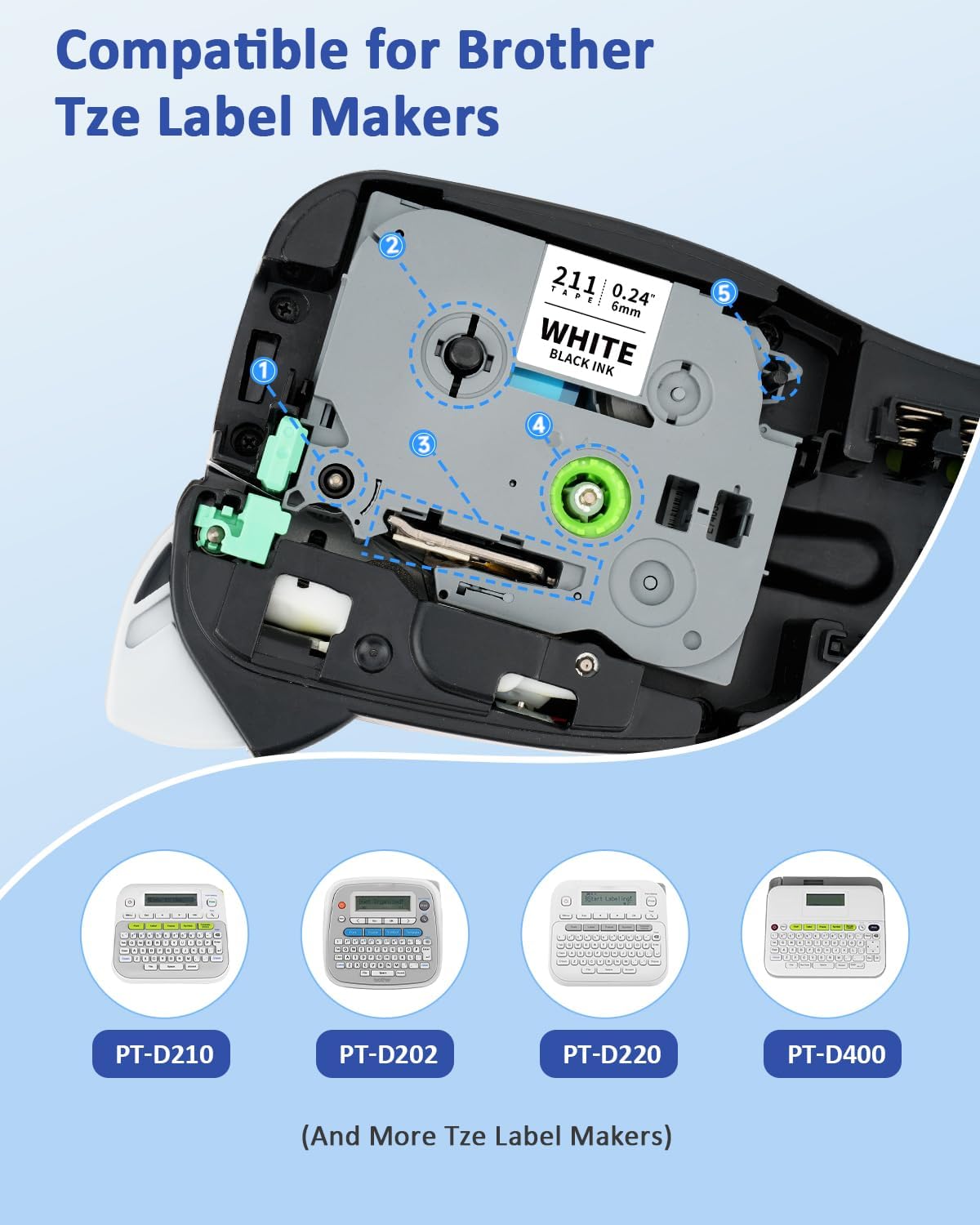 TZ Tape 6mm 0.23 Laminated White Label Tape Tz-211 Compatible for Brother P-Touch Tze-211 1/4" Tze Label Refills Work for Ptouch Label Maker PT-D220 PT-D210 PT-H110 PT-D400, Black on White, 4-Pack