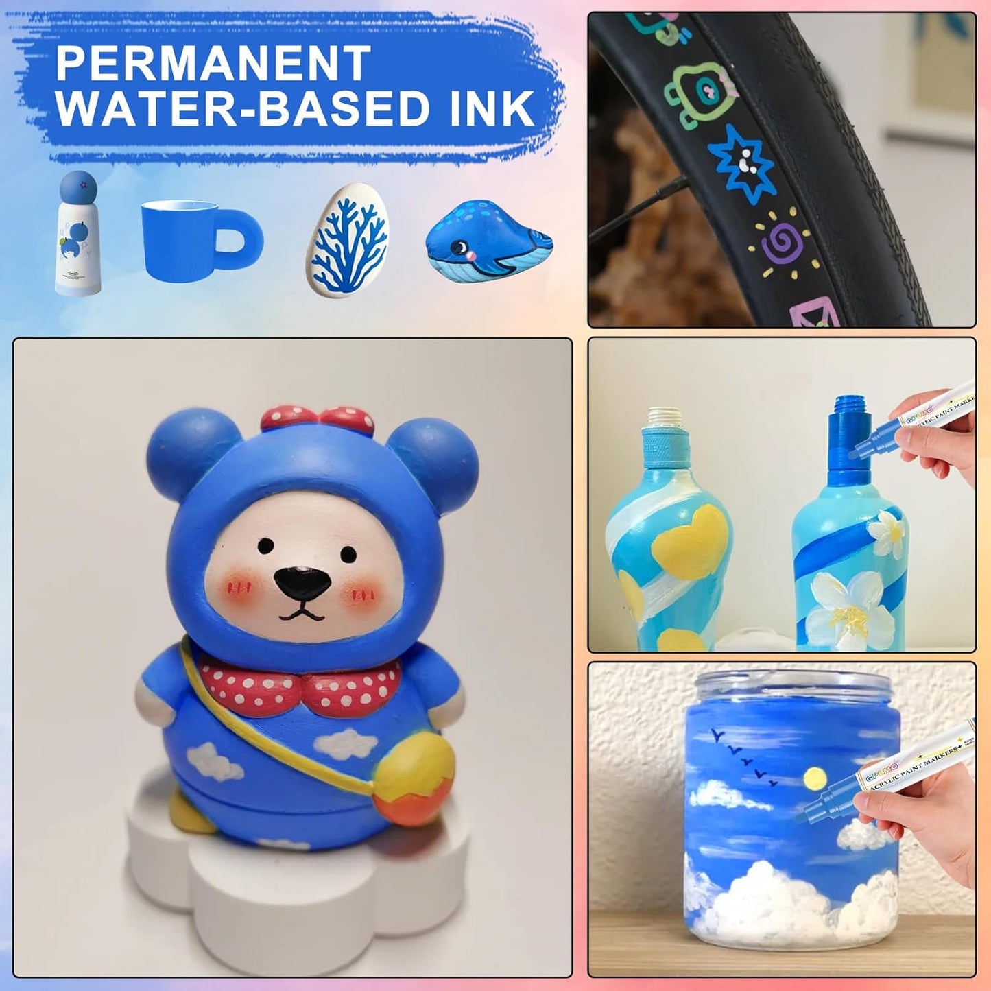 Paint Markers Paint Pens - 2 Pack Dual Tip Acrylic Permanent Marker (0.7mm & 3mm), Non-Toxic, Water-Based for Art Painting, Stone, Ceramic, Glass, Wood, Fabric, Metal, DIY Crafts (Blue)