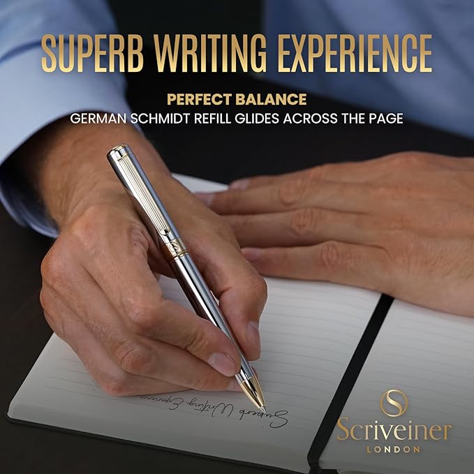 Scriveiner Silver Chrome Ballpoint Pen - Stunning Luxury Pen with 24K Gold Finish, Schmidt Black Refill, Best Ball Pen Gift Set for Men & Women, Professional, Executive, Office, Nice, Fancy Pens