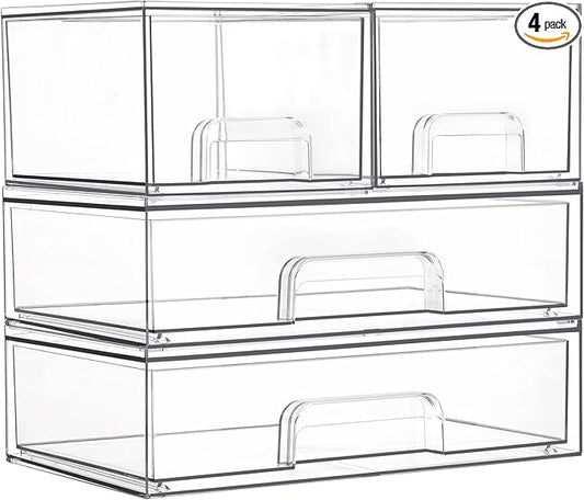 Vtopmart Stackable Storage Drawers Set of 4, Clear Plastic Organizer Bins for Bathroom Supplies,Ideal for Cabinet,Pantry,Laundry Room Organization