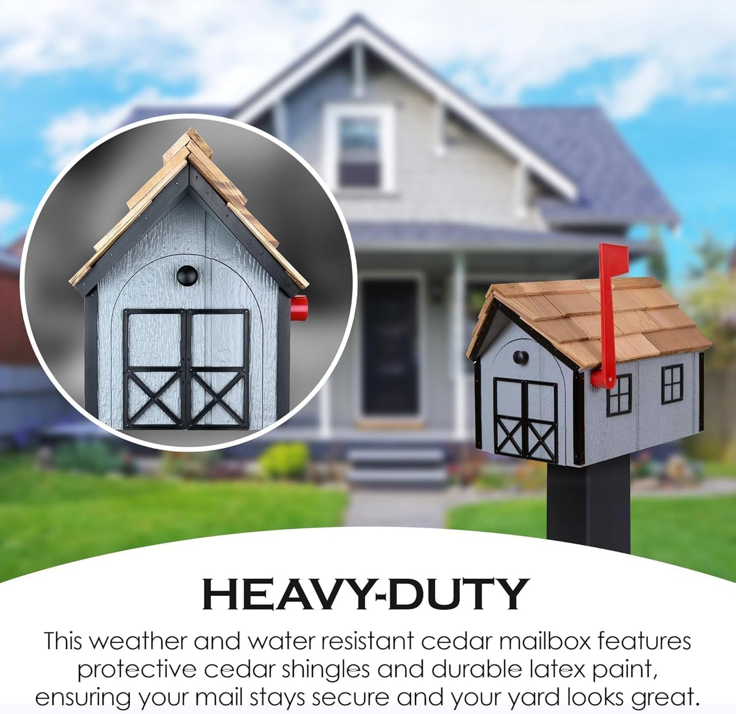 Peaceful Classics Amish Cedar Roof Wooden Mailbox with Window & Door Trim, Handcrafted Mailboxes for Outside, Post Mount Residential Mailboxes - (Brown & White, Wood)