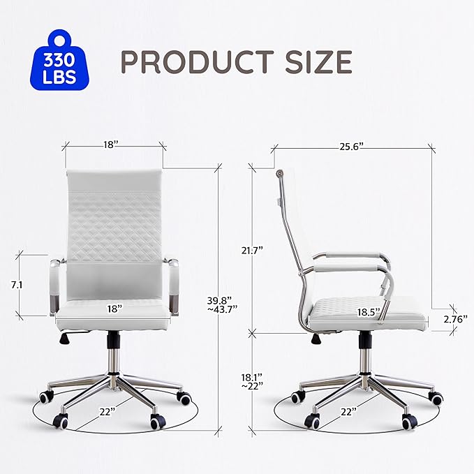 Livinia Modern Executive Office Chair with Patterned Back Design, Chrome & Leather Swivel Chair with High Back, Adjustable Height, Removable Armrests, and Wheels for Home Office (White(Chrome))