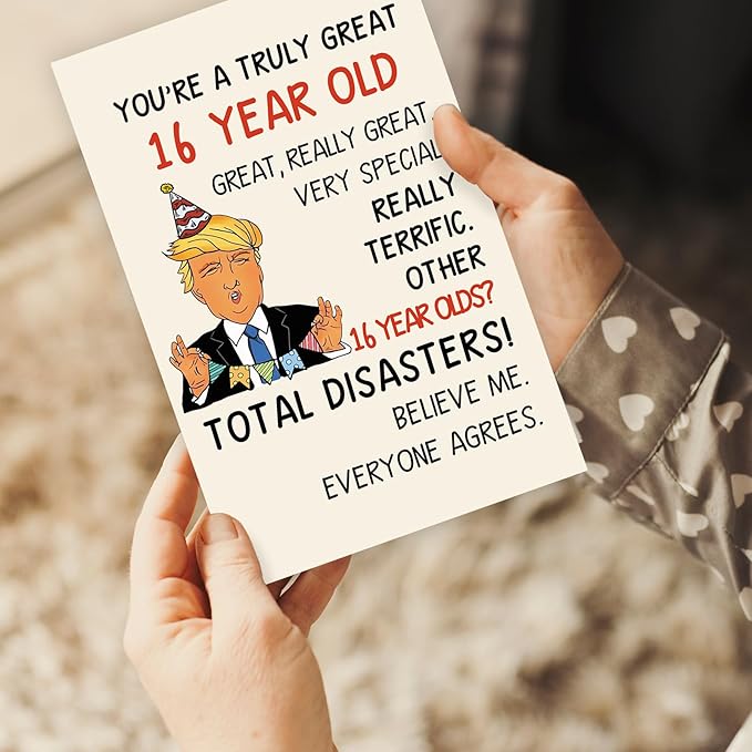 Funny Trump 16th Birthday Card for Boys Girls, Cool 16th Birthday Card Gift for Son Daughter, Unique 16 Year Old Birthday Decoration for Him Her