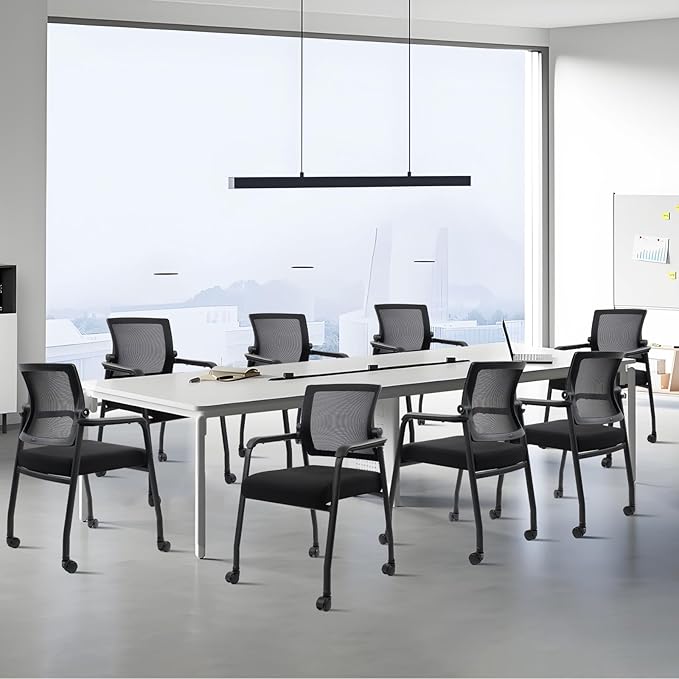 Waiting Room Chairs with Wheels, Adjustable Mesh Backrest, Desk Chair with Ergonomic Lumbar Support and Thickened Seats Cushion, 8 Pack Black