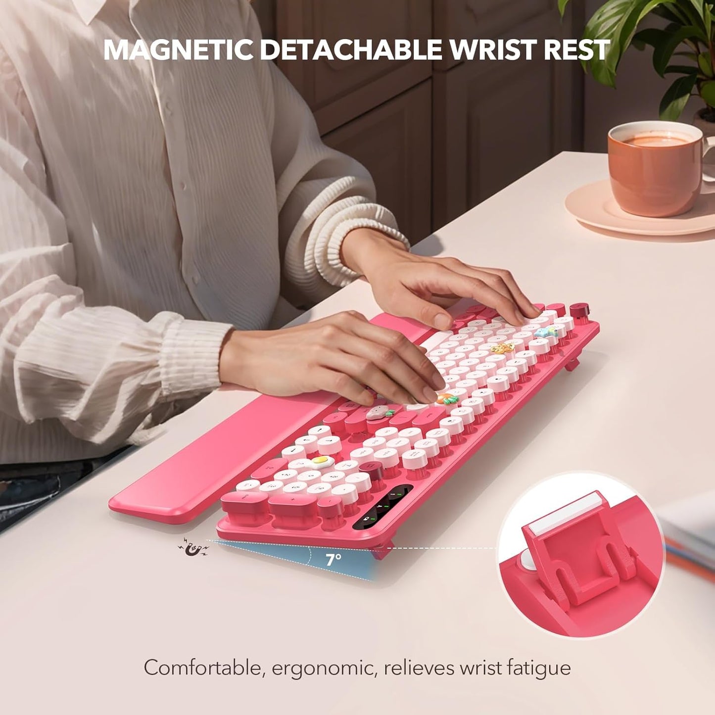 Wireless Keyboard, Round Keycaps, Retro Typewriter Keyboard with Detachable Wrist Rest, Sleep Mode, Foldable Legs, 2.4GHz Full-size Cordless Computer Keyboard for Windows/PC/Laptop (Colorful-Pink)