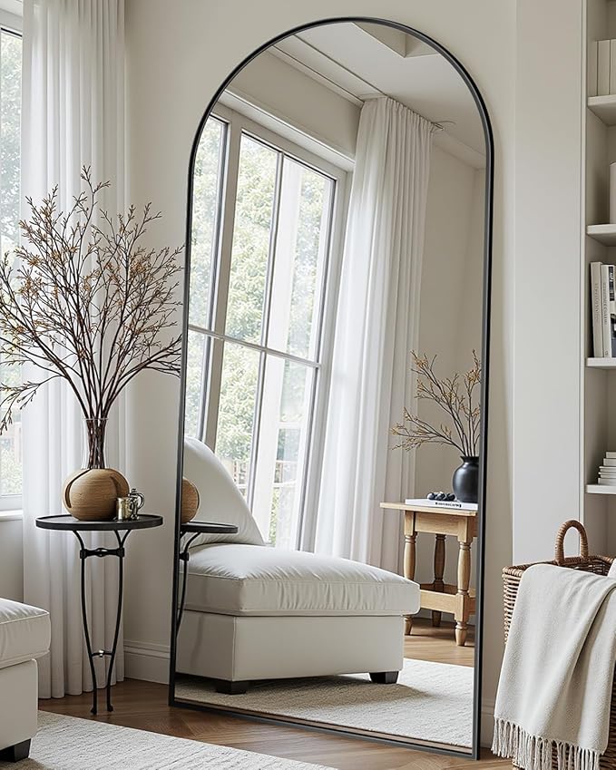 Full-Length Floor Mirror with Stand, 68"x26" Arched Style Full Body Standing Mirror for Bedroom, Living Room, Gym, Dorm - Shatter-Resistant & Easy Assembly, Black