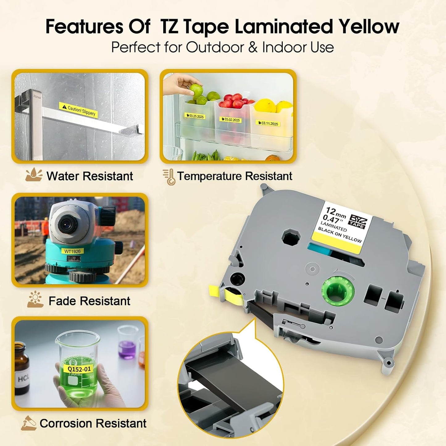 BOYEEZON 4Pack TZ Yellow Tape 12mm 0.47 Compatible for Brother PTouch TZe-631 TZE631 Black on Yellow Label Tape Work for Brother PT-D210 PT-D600 PTD400 Label Maker, 1/2 in x 26.2 Ft