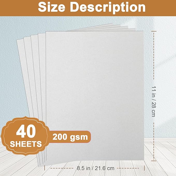 40 Sheets Grey Cardstock 8.5 x 11 Crafts Paper, 200gsm/75lb Premium Gray Card Stock Printer Paper for DIY Cards Making, Business Cards, Certificates, Wedding Invitations, School, Menus