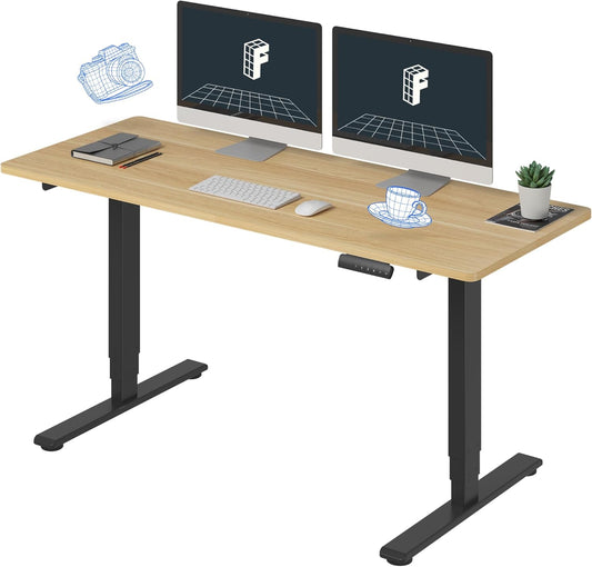 FLEXISPOT E6 Essential Standing Desk 3 Stages Dual Motor Electric 60x24 Inch Whole-Piece Board Height Adjustable Electric Sit Stand Desk(Black Frame + Maple Desktop, 2 Packages)