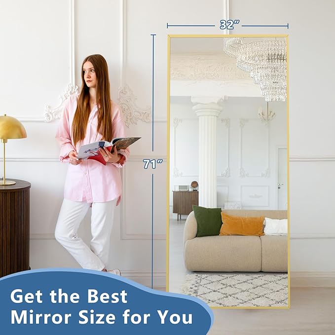 Large Full Length Mirror, 71"x32" Gold Floor Mirror with Stand, Rectangle Standing Mirror for Living Room Bedroom Cloakroom Gym, Thin Aluminum Frame, Tempered Glass