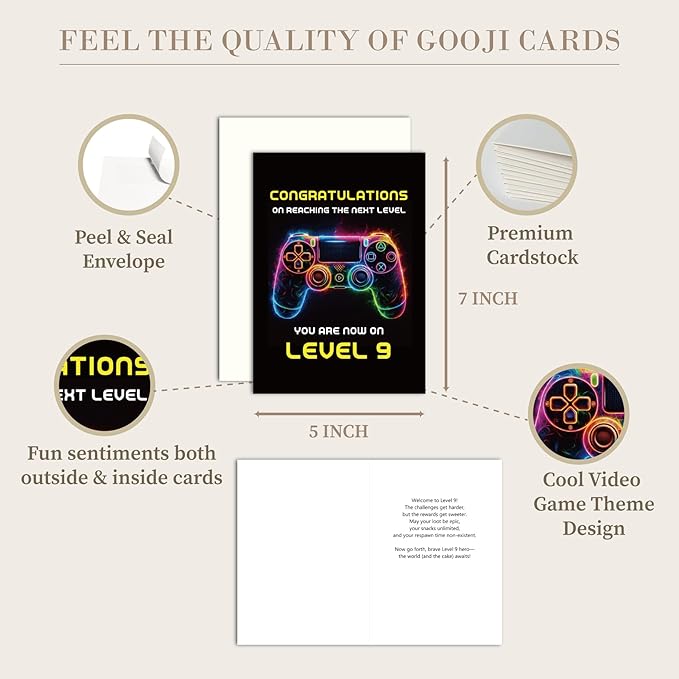 Gooji 5x7 Gamer Birthday Card for Boys and Girls - Level-Up Design for Ages 9, 10, 11, 12 - Perfect Gaming Party Greeting Card (9Y)