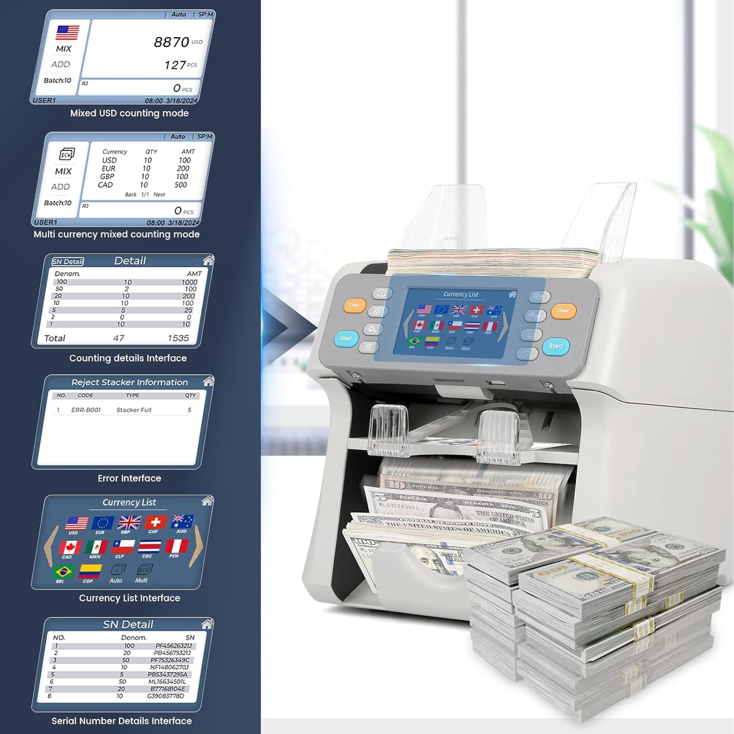 RIBAO MC-165 Two-Pocket Mixed Denomination Money Counter Machine, Value Counting, White Bill Counter Multi Currency, CIS/UV/MG/IR Counterfeit Detection for Business