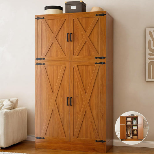 Unikito 71'' Farmhouse Wardrobe Closet with Hanging Rod, 4 Barn Door Storage Cabinet with Adjustable Shelves, Freestanding Closet Wardrobe Cabinet for Bedroom Living Room Office, Highland Oak