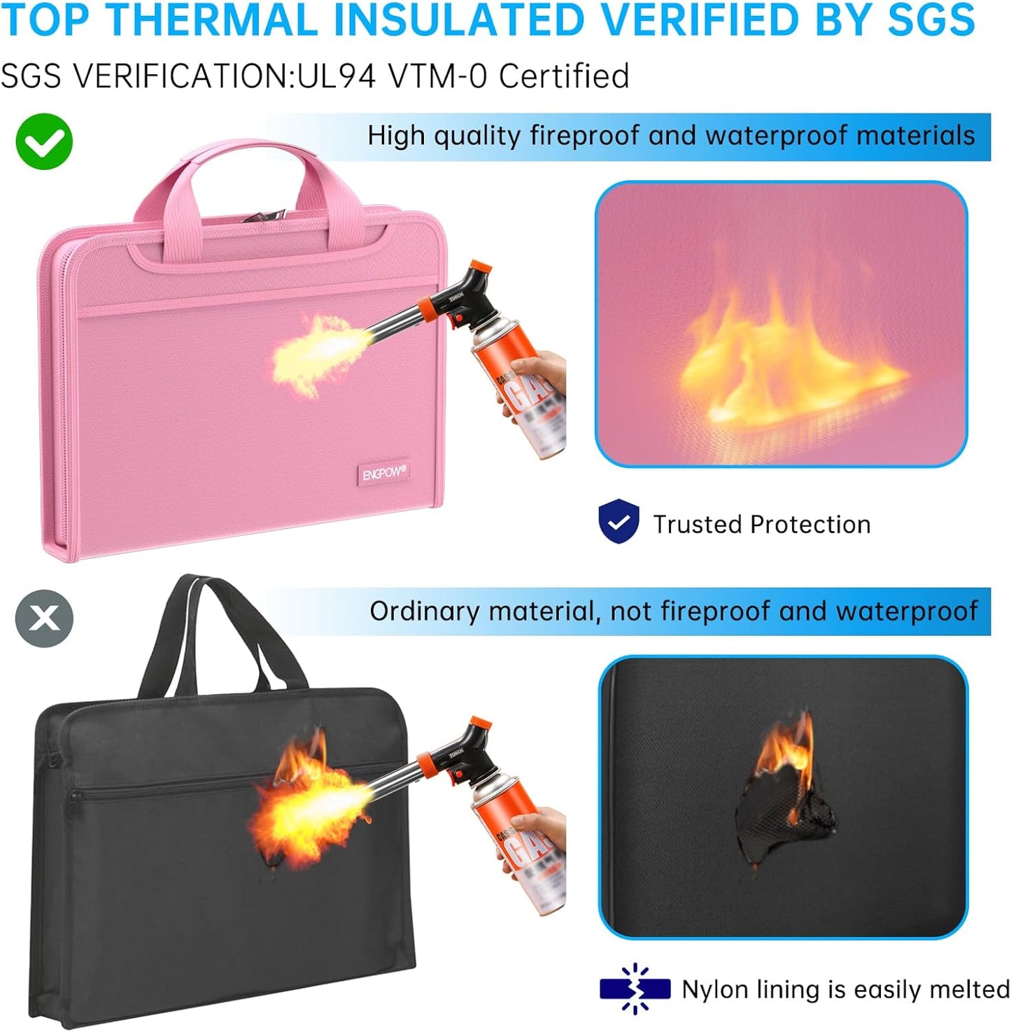 ENGPOW Accordion File Organizer,Fireproof Expanding File Folder with Multi Pockets,13 Pockets Document Organizer with Handle & Labels,Portable Home Travel Safe Storage Folder for Letter A4 Files,Pink