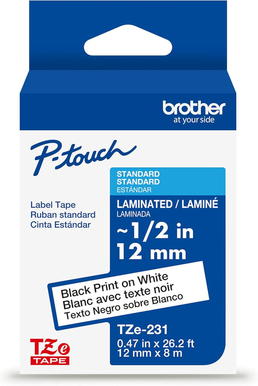 Brother Genuine TZe231~1/2” Black Print on White Label Tape. Each: 0.47 in x 26.2 ft (12 mm x 8 m)