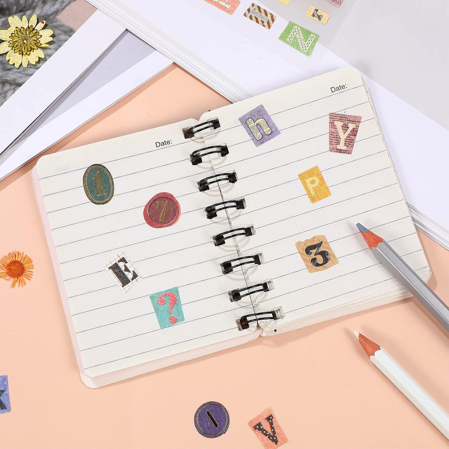 6 Sheet Vintage Scrapbook Stickers, Scrapbook Stickers Graffiti,Vintage Letters Numbers Self Adhesive Decals Scrapbooking Supplies for Diary DIY Art Album Crafts