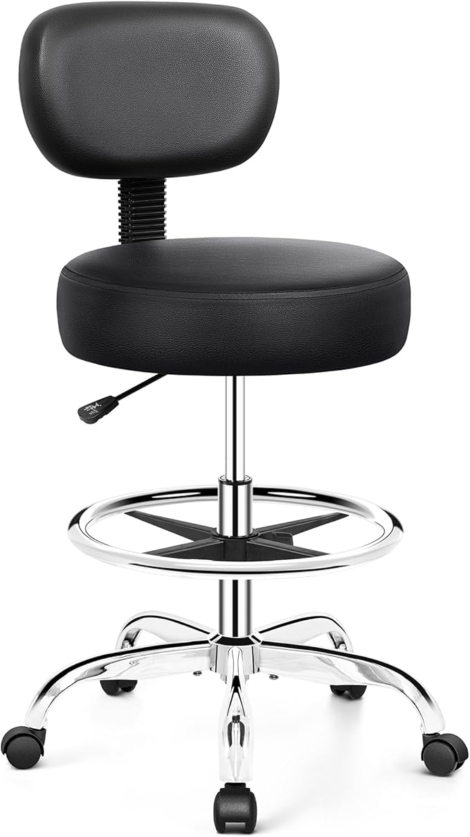 Drafting Chair with Backrest – Adjustable Foot Rest Rolling Stool with Wheels, PU Leather Swivel Stool for Office Spa Studio Lab Counter Salon Home Work Bar Kitchen Shop(Silver)