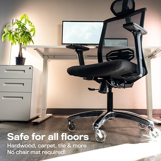 The Office Oasis Original Roller Style Office Chair Wheels (As Seen On PBS) - Smooth & Quiet Casters - Safe for Hardwood Floors & Carpet - Easy Install with Universal Fit - Set of 5 - Silver