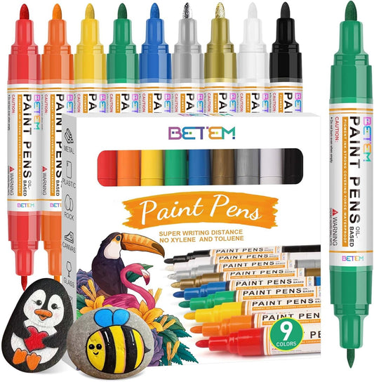 Betem 9 Colors Dual Tip Oil Based Paint Markers Acrylic Paint Pens(0.7mm & 3mm),Permanent,Waterproof,Quick Dry,for Rock Painting,Wood,Plastic,Metal,Canvas,Glass,DIY Crafts,Art Supplies