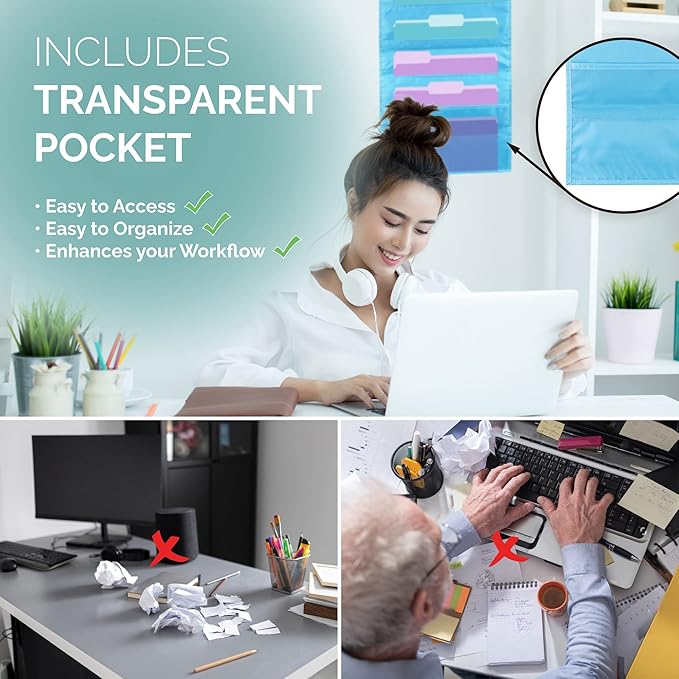 Hippo Creation Storage Pocket Chart for Classroom, 10 Pocket Storage Organizer with 3 Over-Door Hangers, Hanging Wall Organizer for File Folders, School Mailbox, Home Office Papers - Clear Blue