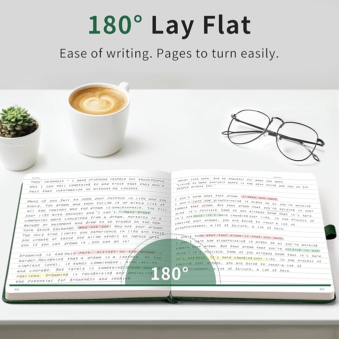 AHGXG Wide Ruled Notebook for School - Lined Journal for Women Men, 192 Numbered Pages, 100 GSM Thick Paper, A5 Hardcover Leather Notebook for Work, Writing, 5.7"×8.3" - Green