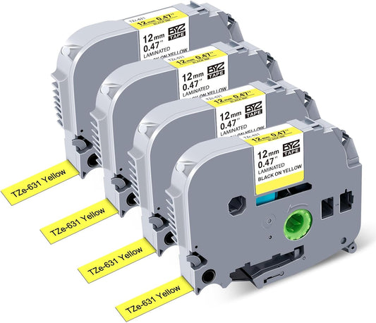 BOYEEZON 4Pack TZ Yellow Tape 12mm 0.47 Compatible for Brother PTouch TZe-631 TZE631 Black on Yellow Label Tape Work for Brother PT-D210 PT-D600 PTD400 Label Maker, 1/2 in x 26.2 Ft