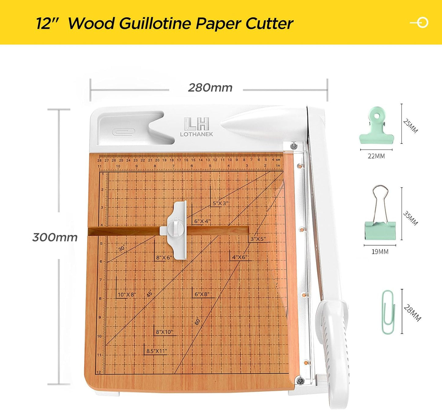 12 Inch Wood Guillotine Paper Cutter, Heavy Duty Wood Base Paper Trimmer with 32 Sheets Paper Cutting Board for Classroom, Crafting, Cardstock, Art Projects (White)