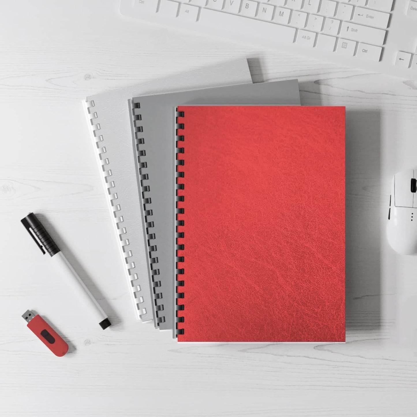 Binditek 50 Pack 16 Mil Leather Textured Polycovers - Binding Presentation Covers for Business Reports and Proposals 8-1/2 x 11 Inches, Red Color, for Students and Coworkers