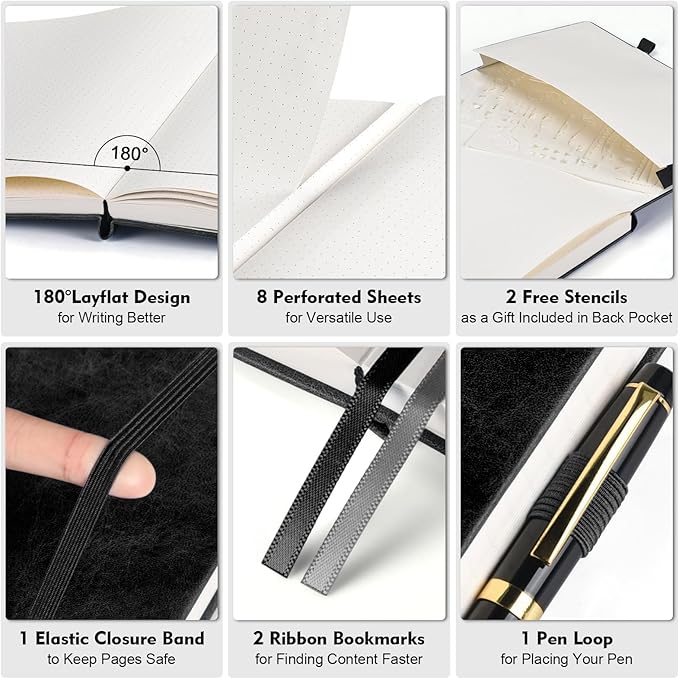 Bullet Dotted Journal, Large A4 Hardcover Leather Journal, 312 Numbered Pages Thick Journal, 100gsm No Bleed Paper Dot Grid Notebook for Women Men, 8.5'' × 11'', Black