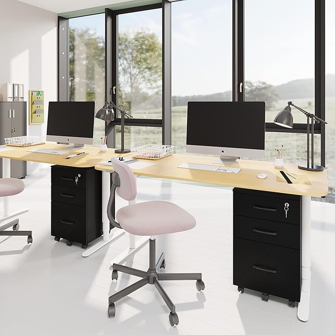 File Cabinet with Lock,3 Drawer Wood Rolling Filing Cabinets Under Desk for Home Office, Office Storage Cabinet fits Letter/A4 Size,Mobile Filing Cabinet Printer Stand,Black