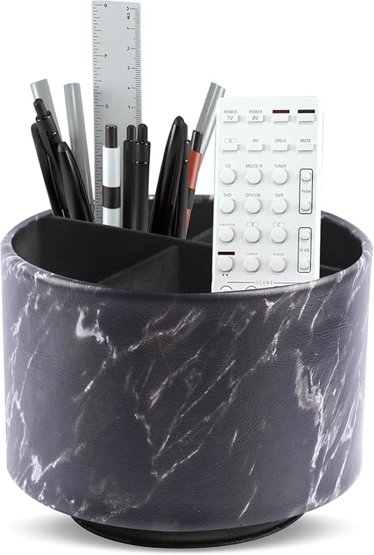 Round Leather Art Supply Organizer,Remote Control Holder,360-degree Rotating Pen Organizer with 4 Compartments(1-Marble Black Silver)