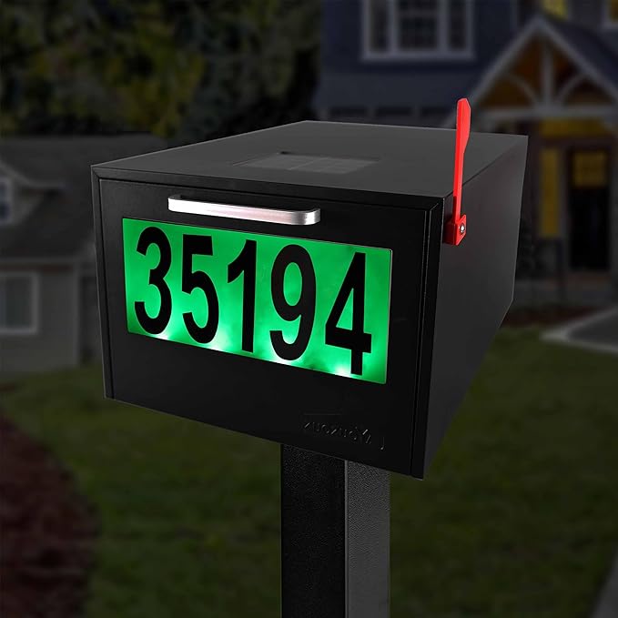 Black Post Mount Mailbox - 2 Lighting Modes Solar Numbers Light Large Capacity Infrared Sensor Illuminated at Night - Iron Numbers Mail Box Outdoor