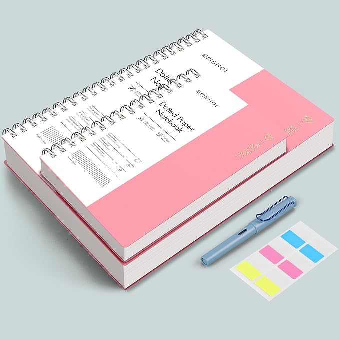 EMSHOI A4 Spiral Notebook Bullet Dotted Journal, 11.2" X 8.27", 300 Pages/150 Sheets, 100gsm Dot Grid Paper, Waterproof Softcover, Twin-Wire Binding, for School Work Writing Note Taking-Pink