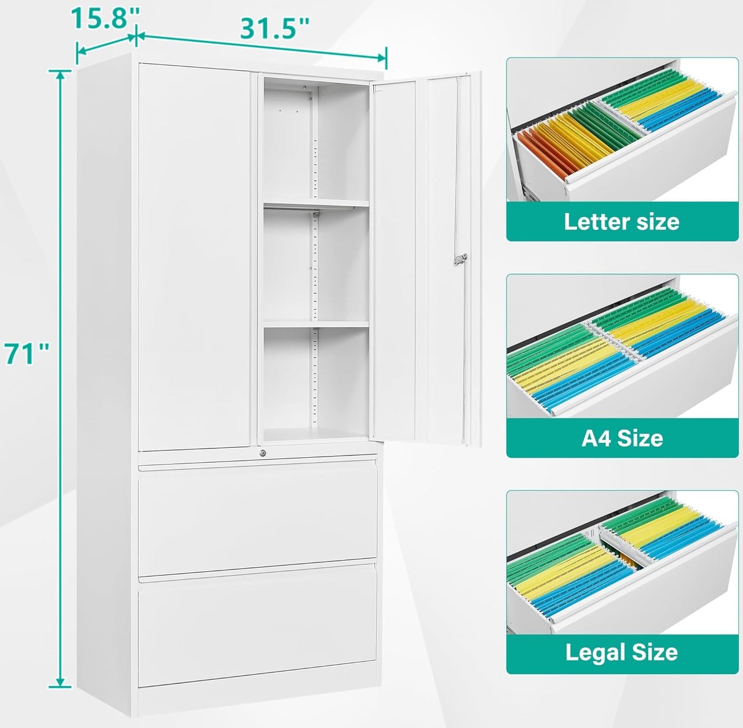 SISESOL 2 Drawer Lateral File Cabinet with Lock and Shelf,71" White Filing Storage Cabinet with Doors,Locking Metal Storage Cabinets with Drawers for Home,Office,Garage,School,Fit A4/Letter/Legal File