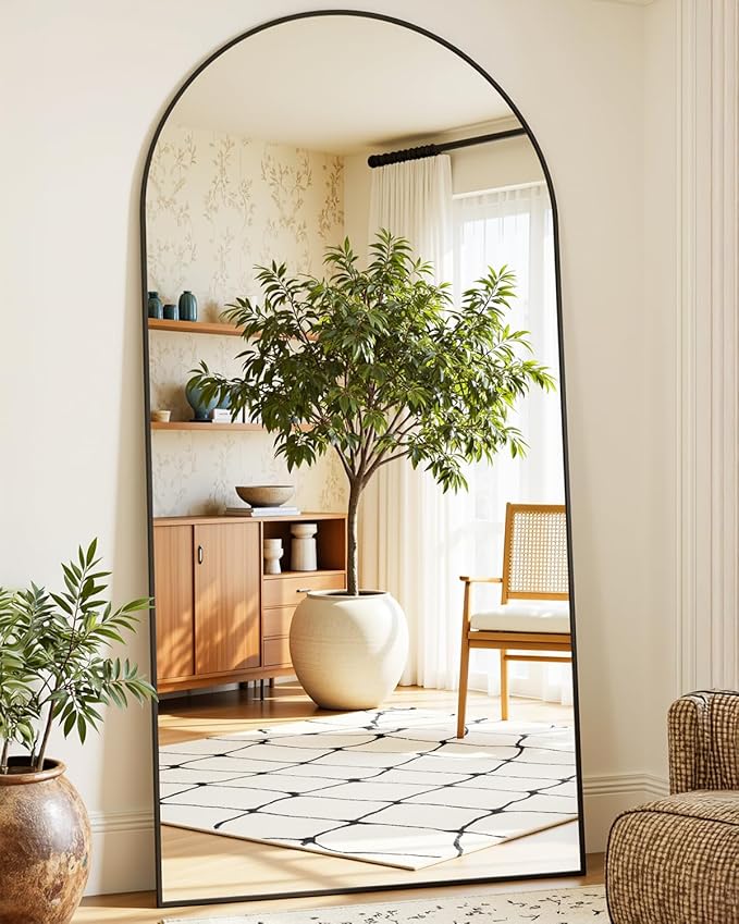 Full-Length Floor Mirror with Stand, 78"x38" Arched Style Full Body Standing Mirror for Bedroom, Living Room, Gym, Dorm - Shatter-Resistant & Easy Assembly, Black