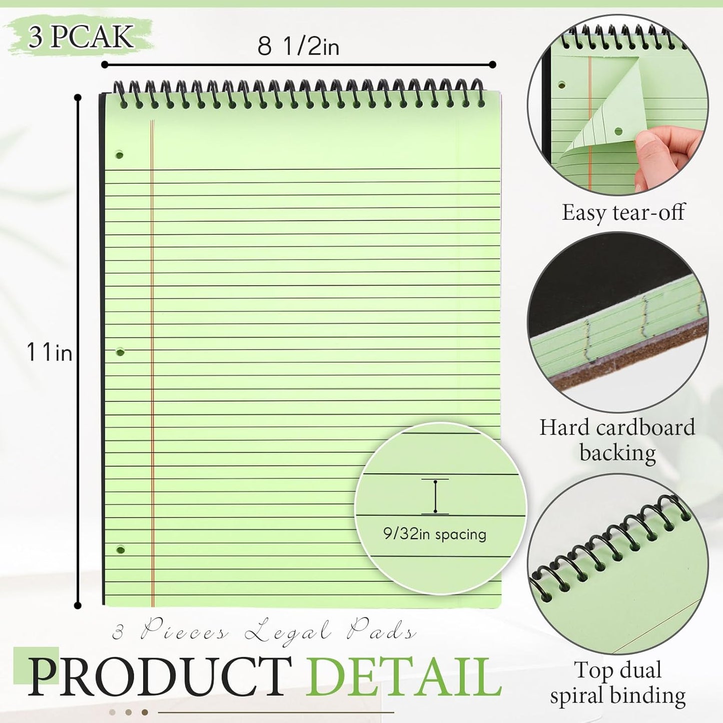 3 Packs 8.5" x 11" Top Spiral Notebook with 3 Hole Punched Legal Pads College Ruled Notepad 50 Sheets Hard Cardboard Paper Wirebound Notepad for Office School Business (Green)