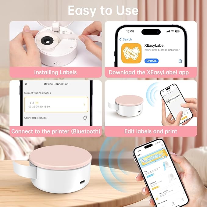 Label Maker Machine with Tape, 2 Pack Portable Mini Label Printer, HP3 Bluetooth Sticker Maker Machine with Multiple Templates, Small Thermal Label Printer, High Precision, Fast Printing, Green + Pink