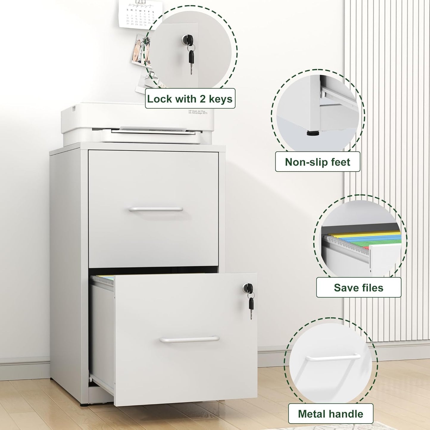 2 Drawer File Cabinet with Lock, Vertical File Cabinet with Lock, Locking File Cabinet Hanging Files for A4/ Legal/Letter,White