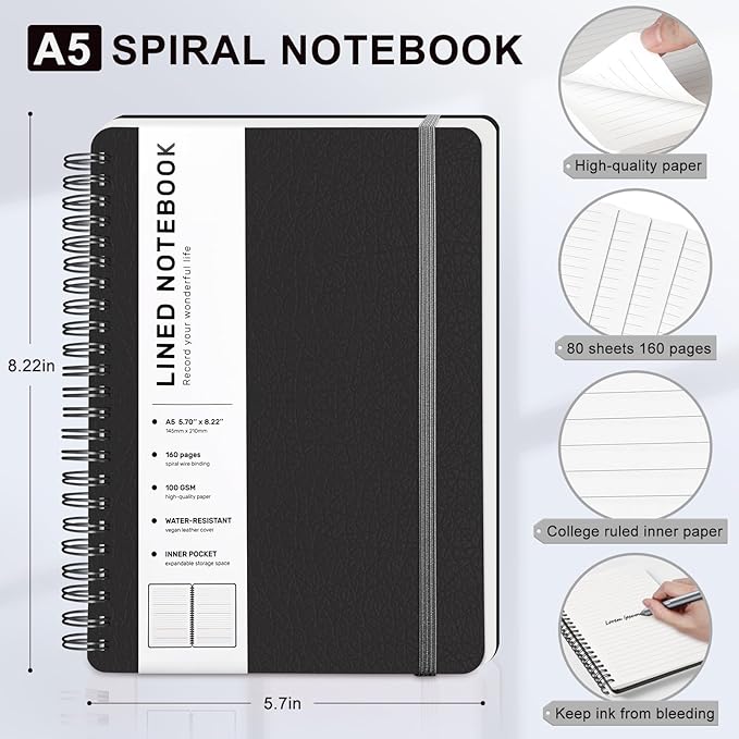 Lined Spiral Journal Notebook, A5 Hardcover Leather Notebook for Work, 5.7''×8.2'', 100GSM Thick Paper Spiral Bound Journaling Notebooks for Women & Men Office School Note Taking Business, Black