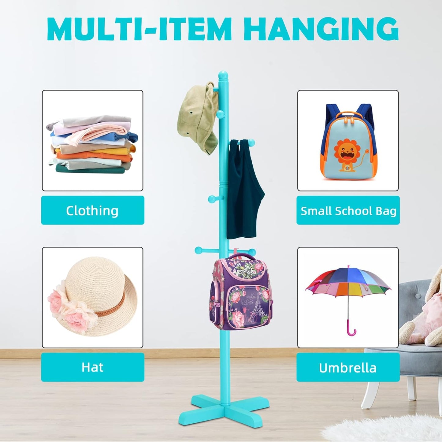 Kids Coat Rack, Freestanding Coat Racks with 8 Hooks 2 Adjustable Height, Tree Coat Rack for Bedroom, Hallway, Entrance, Office, Hats, Handbags,Purse (Blue)