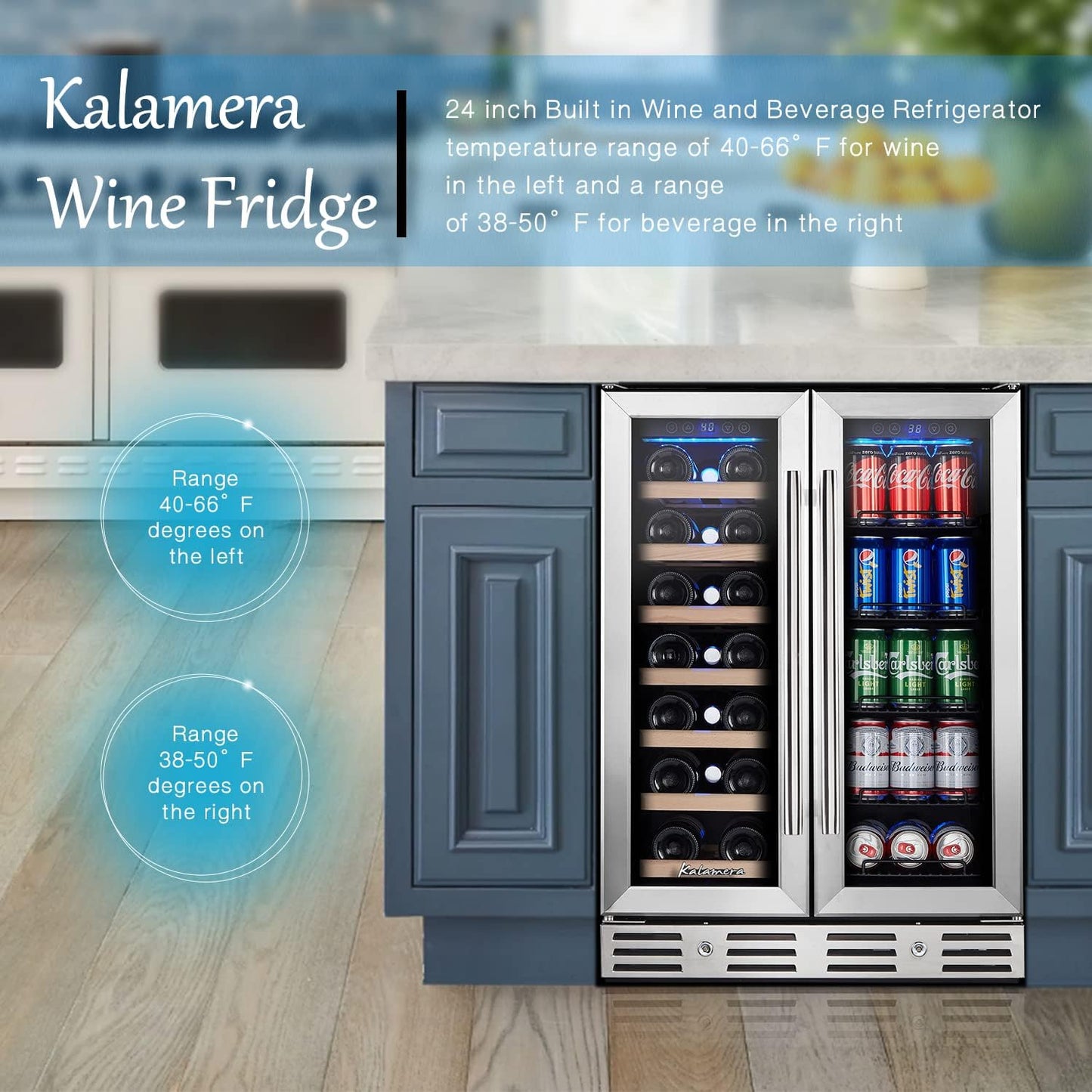 24 Inch Wine and Beverage Fridge, Wine Refrigerator Dual Zone Hold 20 Bottles and 78 Cans,Built-In or Freestanding Digital Touch Control