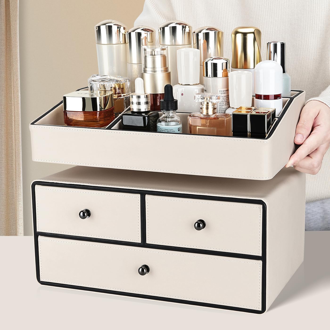 KINGFOM Leather Makeup Organizer with 3 Drawers, 2 Tier Cosmetic Storage Organizer for vanity Dresser Countertop and Bathroom Vanity, Beauty Holder for Lipstick Brush Skincare (Beige)