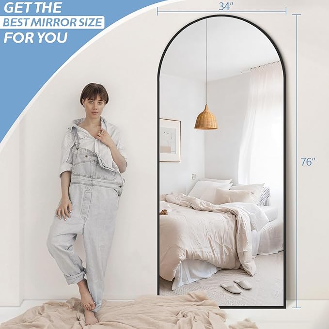 76"X34" Large Arched Floor Mirror Full Length with Stand, Black Hanging or Leaning Standing Full Length Mirror for Bedroom Living Room Gym, Full Body Mirror Wall Mounted, Tempered Glass