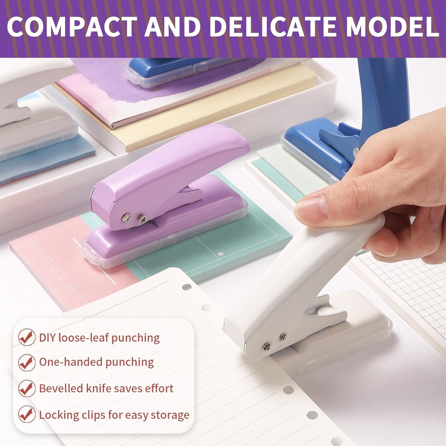 Single Hole Punch, 40 Sheets Punch Capacity, Kaluofan Hole Puncher Single, Small Hole Punch with Non-Slip Removable Base, One Hole Puncher for Crafts, Scrapbooks, Paper, Chipboard (Bule)